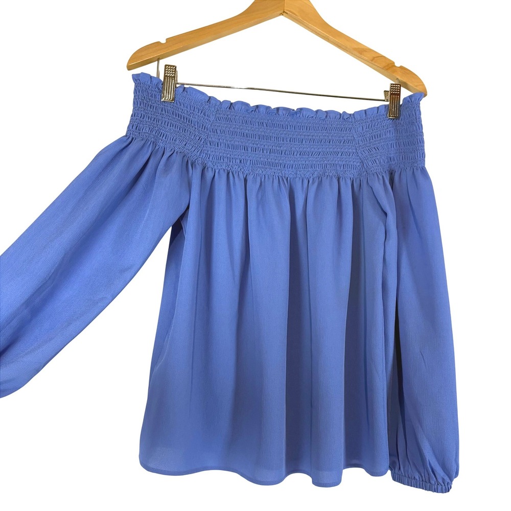 Ann Taylor Off The Shoulder Smocked Blouse Periwinkle Blue Long Sleeve XS 464520